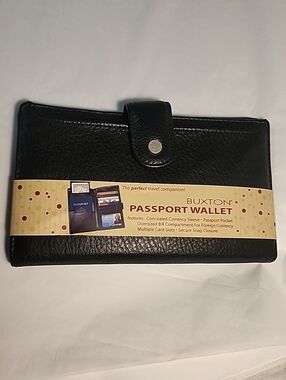 Buxton Black Leather Passport Wallet ID Slots PP Pocket Snap Closure Travel NEW
